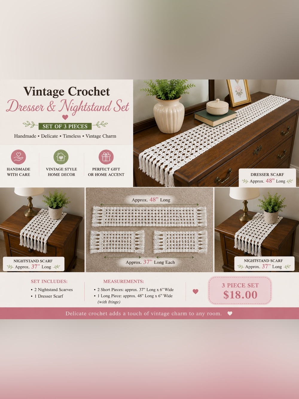 Handmade White Crochet Dresser & Nightstand Scarf Set of 3 – Vintage Style